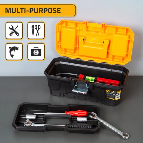 Plastic Toolbox, 13-inch Portable Plastic Tool Box with Metallic Clutch, Small Tool Box Tool Organizer with Extra Storage Tray for Home Tools, Nails and Pins, Black-Yellow